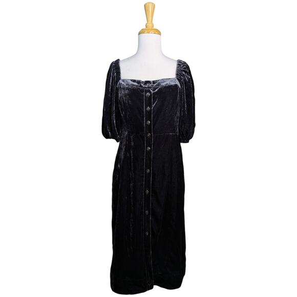 NEW J. Crew Puff Sleeve Black Velvet Midi Dress Button Front Womens 10 BD492 - Picture 15 of 15